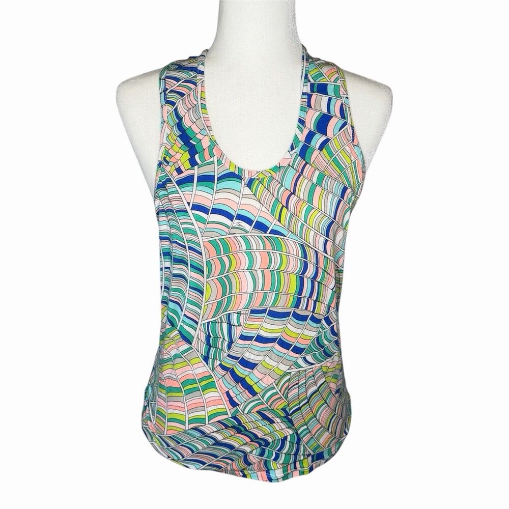 Trina Turk Recreation Yoga Top Draped Back Abstract Pink Blue Green Size Large** - Picture 3 of 16